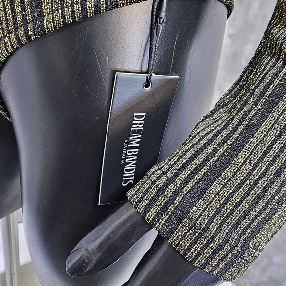 Dream Bandits S Tell Me Gold Metallic Stripe‎ Cold Shoulder Bodysuit Mock Neck - Picture 12 of 12